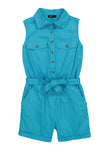 Girls Sleeveless Tie Waist Waistline Crew Neck Belted Twill Romper