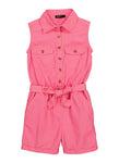 Girls Twill Sleeveless Tie Waist Waistline Belted Crew Neck Romper