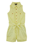 Girls Collared Tie Waist Waistline Belted Button Front Sleeveless Twill Romper