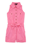 Girls Sleeveless Tie Waist Waistline Belted Button Front Twill Collared Romper