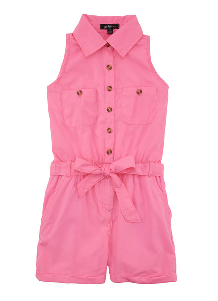 Girls Collared Tie Waist Waistline Belted Button Front Sleeveless Twill Romper