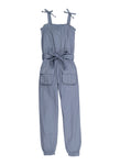 Girls Belted Pocketed Twill Sleeveless Tie Waist Waistline Square Neck Jumpsuit With a Bow(s)