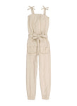 Girls Square Neck Belted Pocketed Tie Waist Waistline Sleeveless Twill Jumpsuit With a Bow(s)