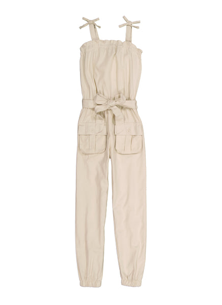 Girls Tie Waist Waistline Sleeveless Square Neck Pocketed Belted Twill Jumpsuit With a Bow(s)