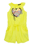 Girls High-Neck Button Closure Knit Sleeveless General Print Romper With Ruffles and Pearls