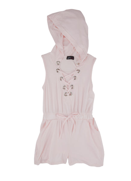 Girls Knit Sleeveless Ruched Lace-Up Romper