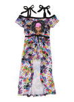 Girls General Print Knit Cold Shoulder Sleeves Sleeveless Contrast Trim Romper/Maxi Dress