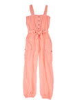 Girls Pocketed Belted Tie Waist Waistline Square Neck Knit Sleeveless Jumpsuit