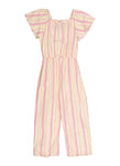 Girls Short Sleeves Sleeves Smocked Square Neck Striped Print Jumpsuit