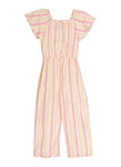 Girls Striped Print Short Sleeves Sleeves Smocked Square Neck Jumpsuit