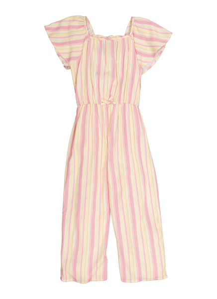 Girls Smocked Square Neck Short Sleeves Sleeves Striped Print Jumpsuit