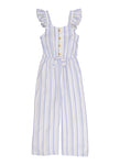 Girls Knit Crew Neck Smocked Flutter Sleeves Sleeveless Striped Print Jumpsuit With Ruffles