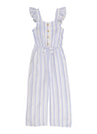 Girls Crew Neck Smocked Knit Striped Print Flutter Sleeves Sleeveless Jumpsuit With Ruffles