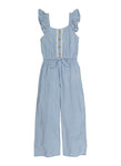 Girls Cap Sleeves Square Neck Belted Tie Waist Waistline Jumpsuit With Ruffles