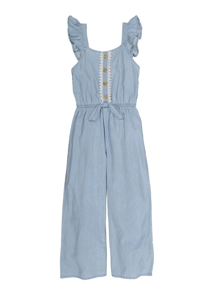 Girls Tie Waist Waistline Belted Square Neck Cap Sleeves Jumpsuit With Ruffles