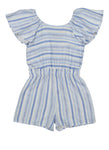 Girls Crew Neck Button Closure Striped Print Short Sleeves Sleeves Romper