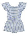 Girls Short Sleeves Sleeves Striped Print Crew Neck Button Closure Romper