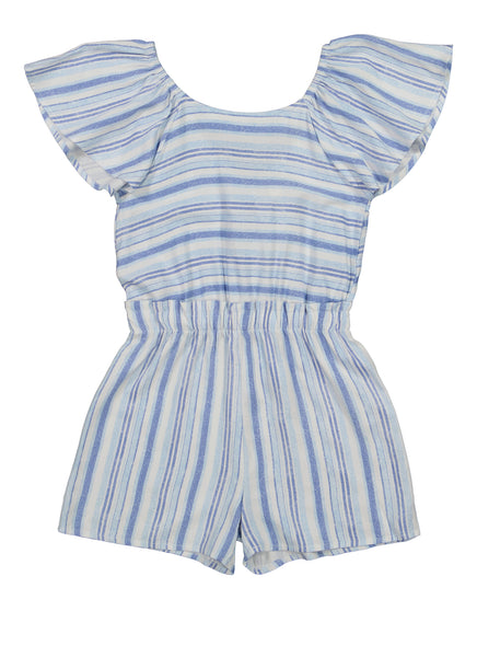 Girls Striped Print Short Sleeves Sleeves Button Closure Crew Neck Romper