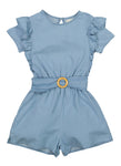 Tall Girls Flutter Short Sleeves Sleeves Button Closure Belted Crew Neck Romper