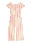 Girls Striped Print Short Sleeves Sleeves Smocked Square Neck Jumpsuit