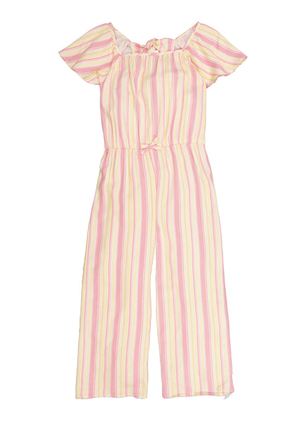 Girls Striped Print Smocked Square Neck Short Sleeves Sleeves Jumpsuit