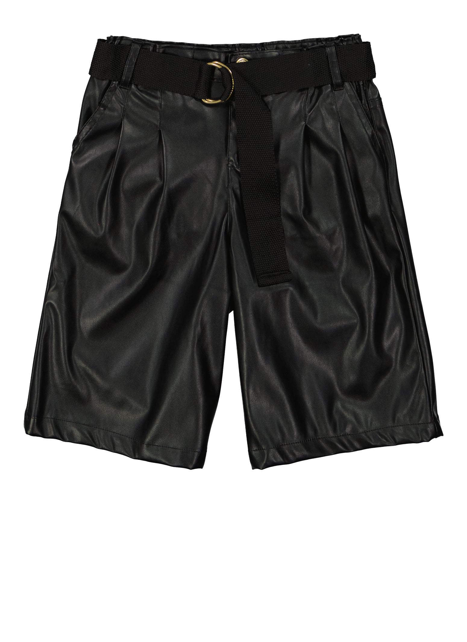 Girls Belted Faux Leather Bermuda Shorts, Black, Size 12