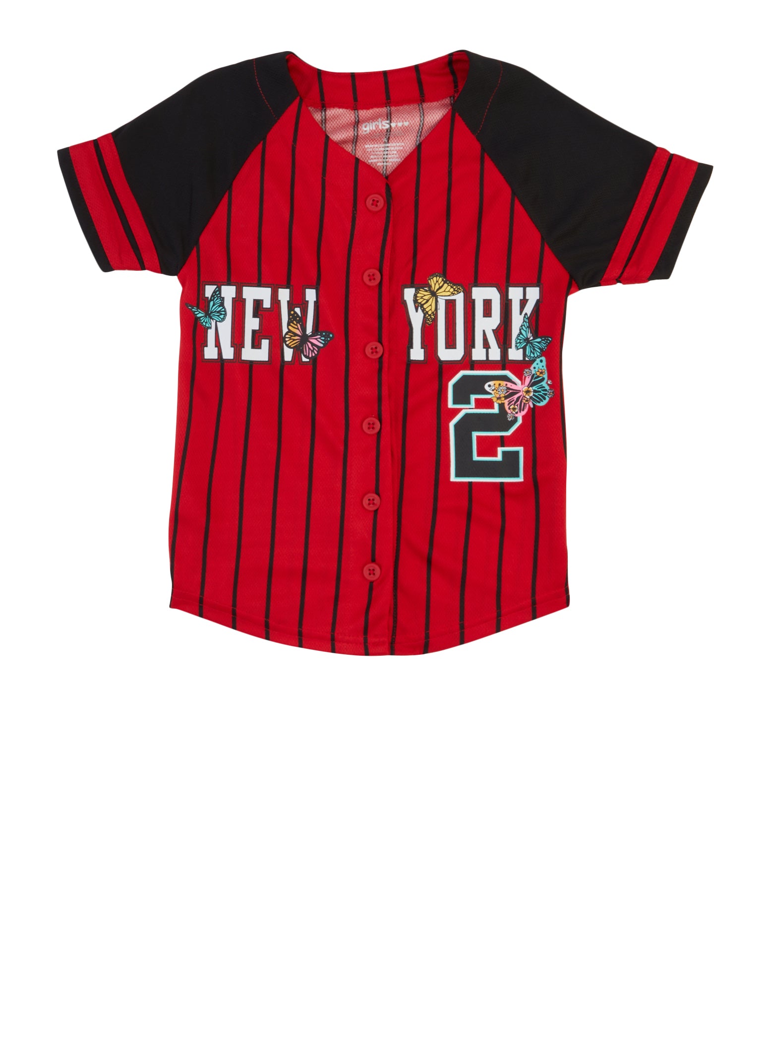 Little Girls New York Butterfly Graphic Baseball Jersey, Red,