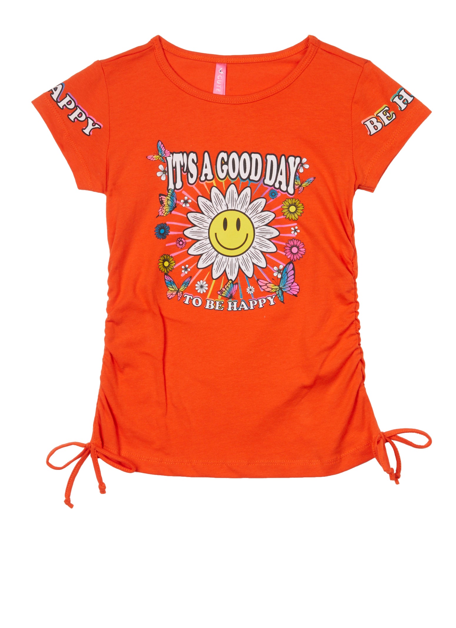 Little Girls Ruched Side Good Day to Be Happy Graphic Tee, Orange, Size 4