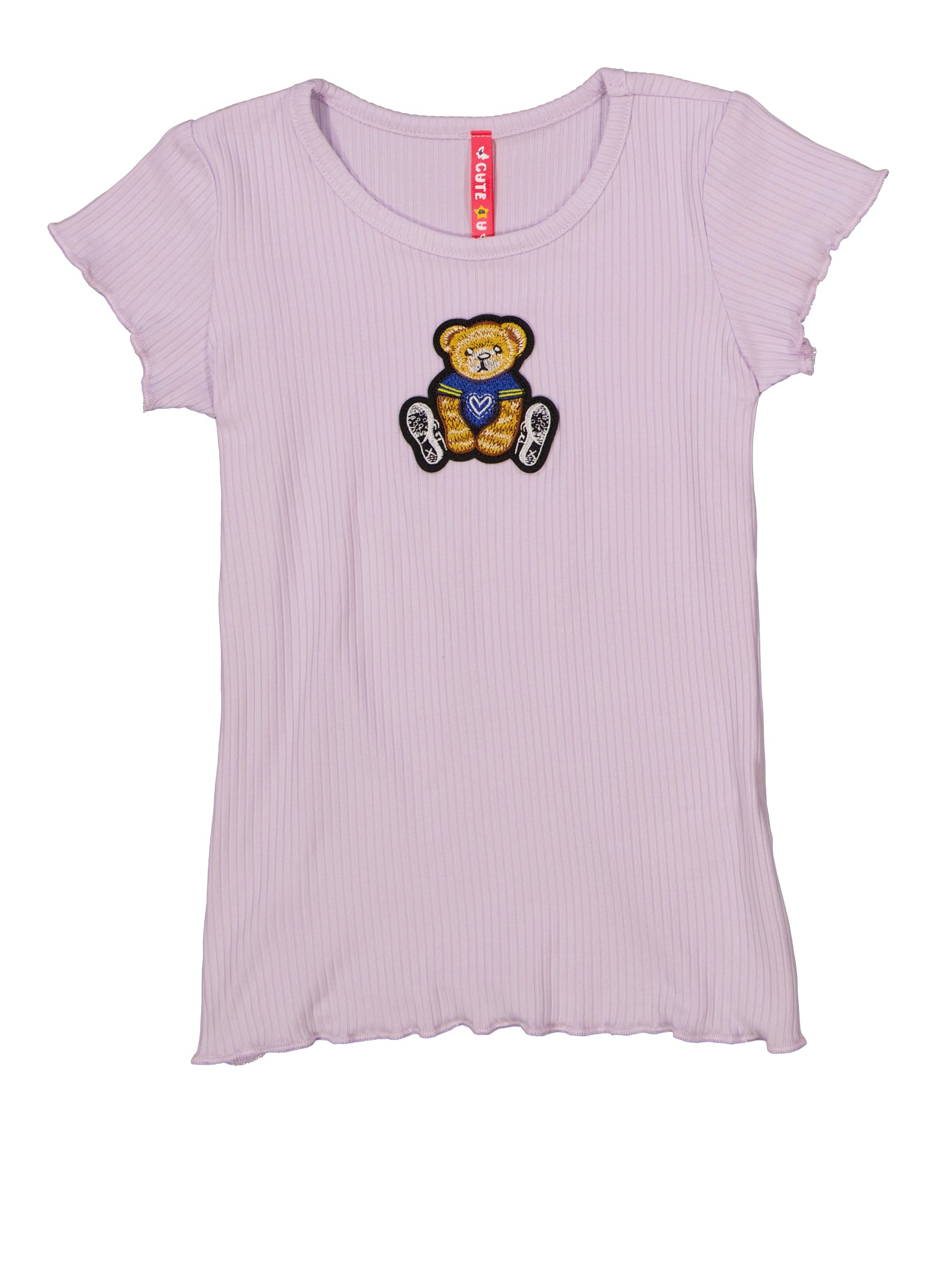 Little Girls Ribbed Bear Embroidered Top, Purple, Size 4
