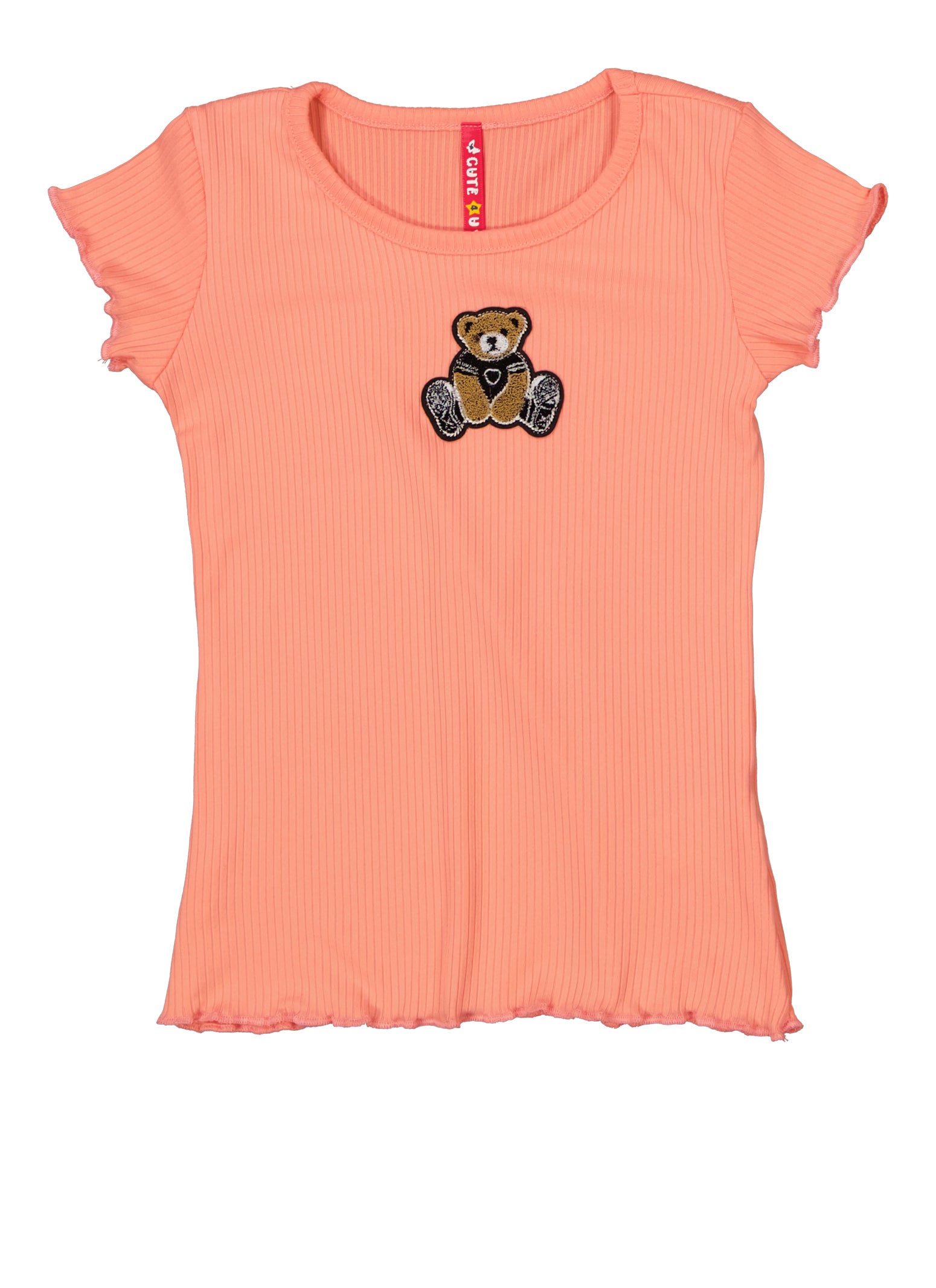 Little Girls Bear Ribbed Embroidered Graphic Tee, Orange, Size 5-6