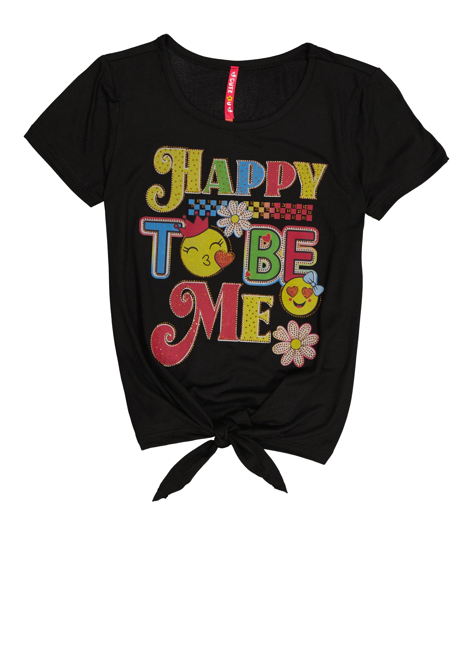 Girls Happy To Be Me Graphic Rhinestone Tee, Black, Size 10-12