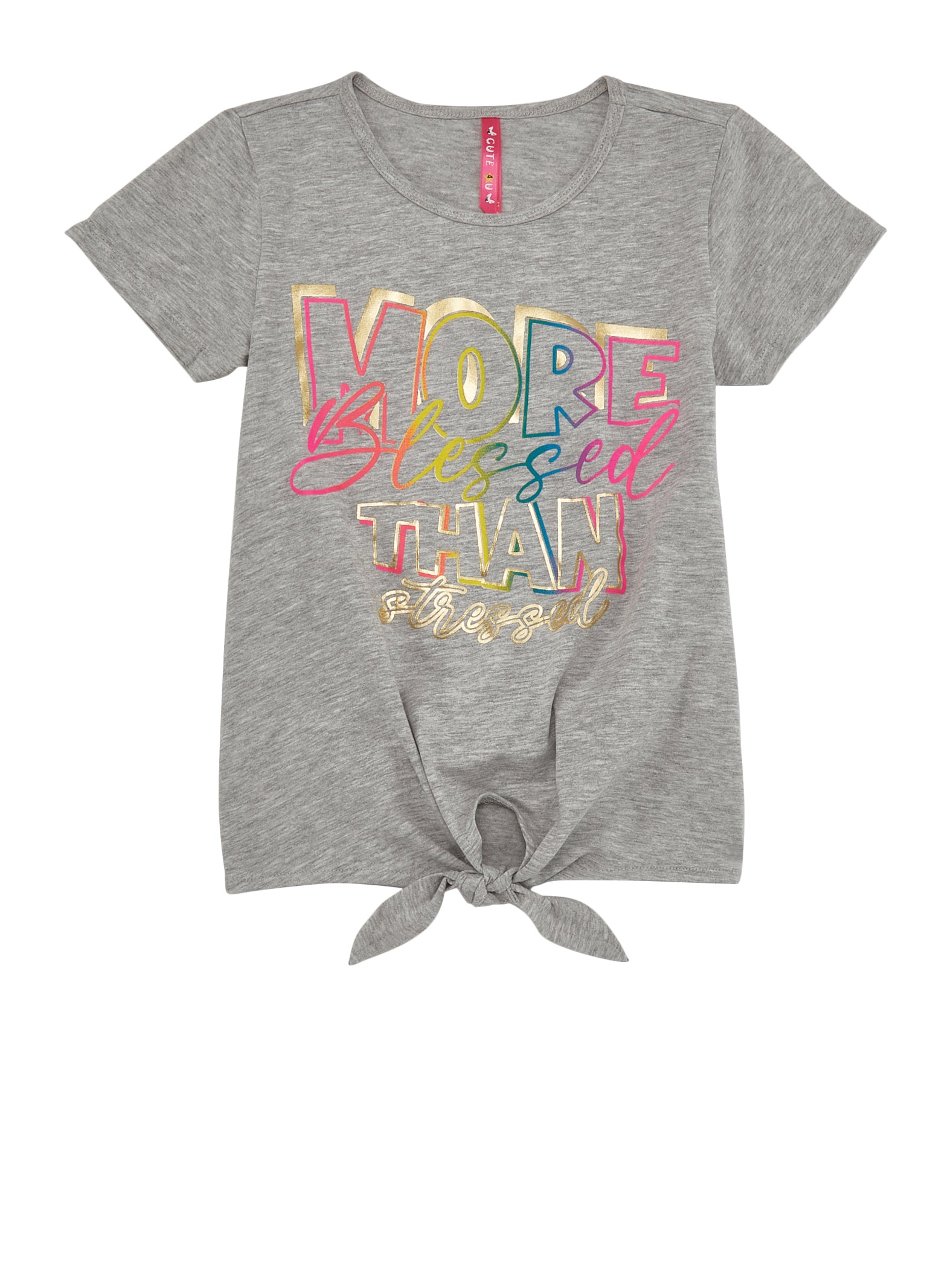 Girls Tie Front More Blessed Than Stressed Foil Graphic Tee,