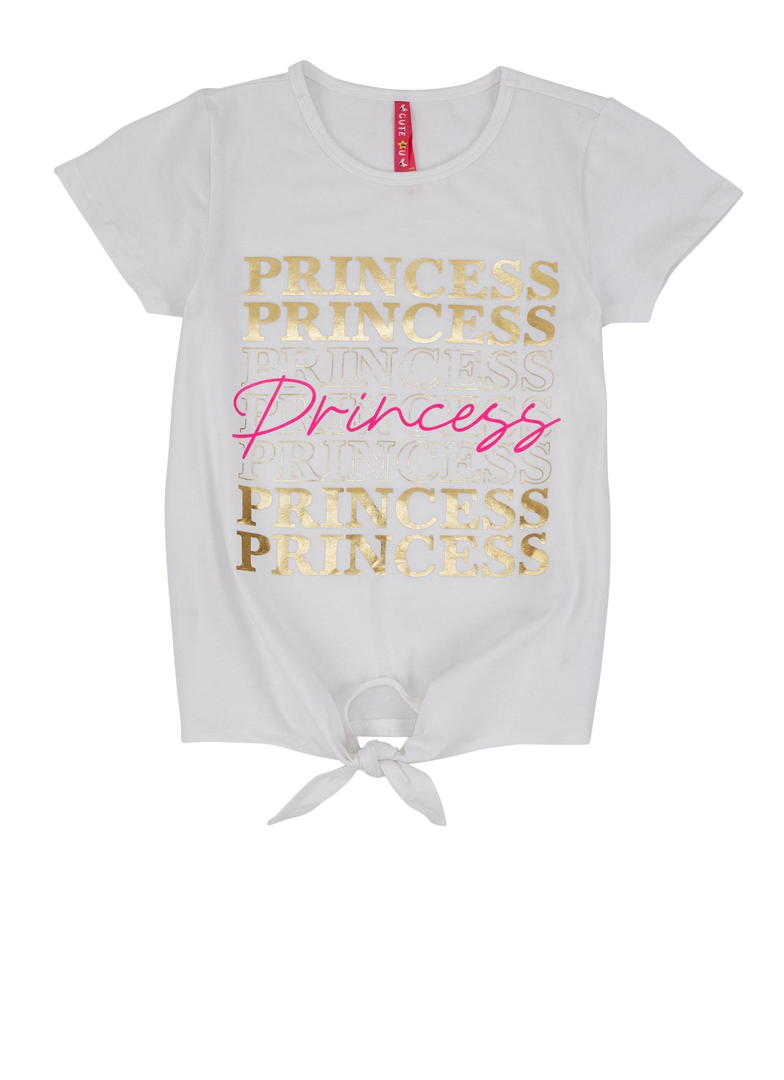 Girls Tie Front Princess Foil Screen Graphic Tee, White, Size 10-12