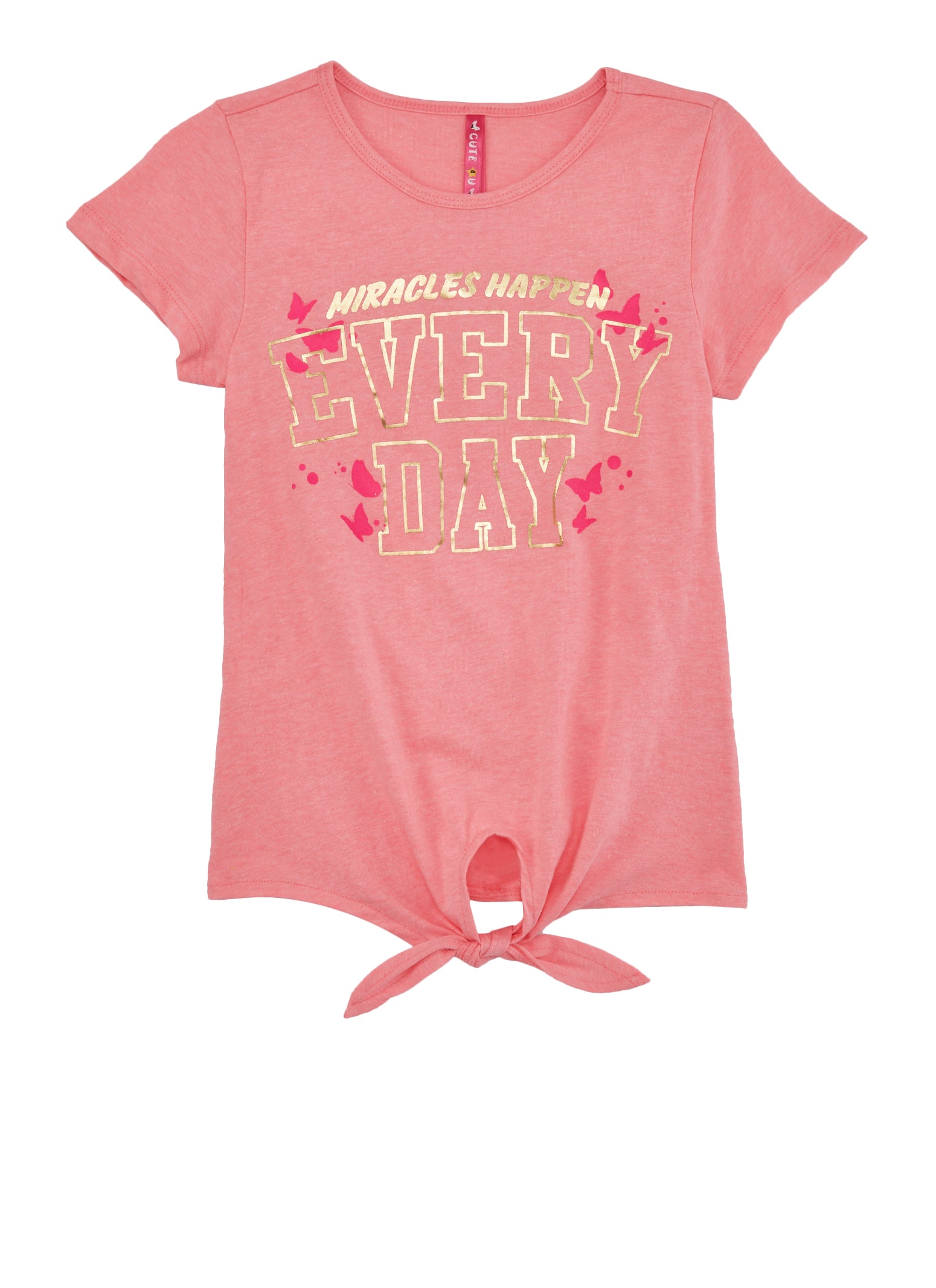 Girls Tie Front Miracles Happen Everyday Foil Graphic Tee,