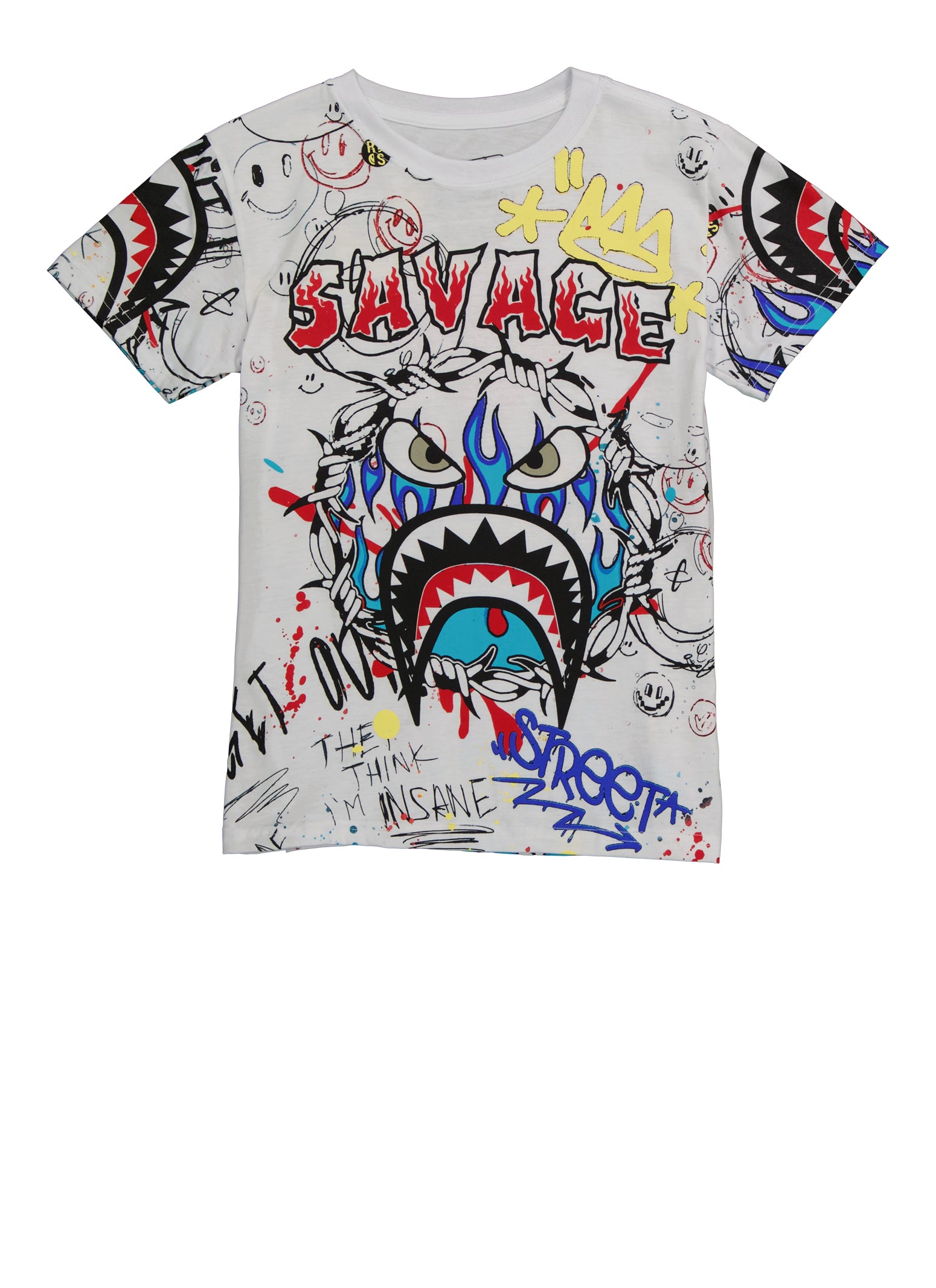 Boys Shark Teeth Savage Graphic T Shirt, Grey,