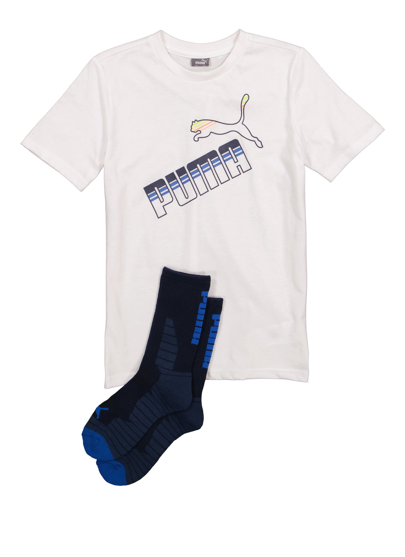 Boys Puma Striped Logo Graphic Tee and Socks, White,