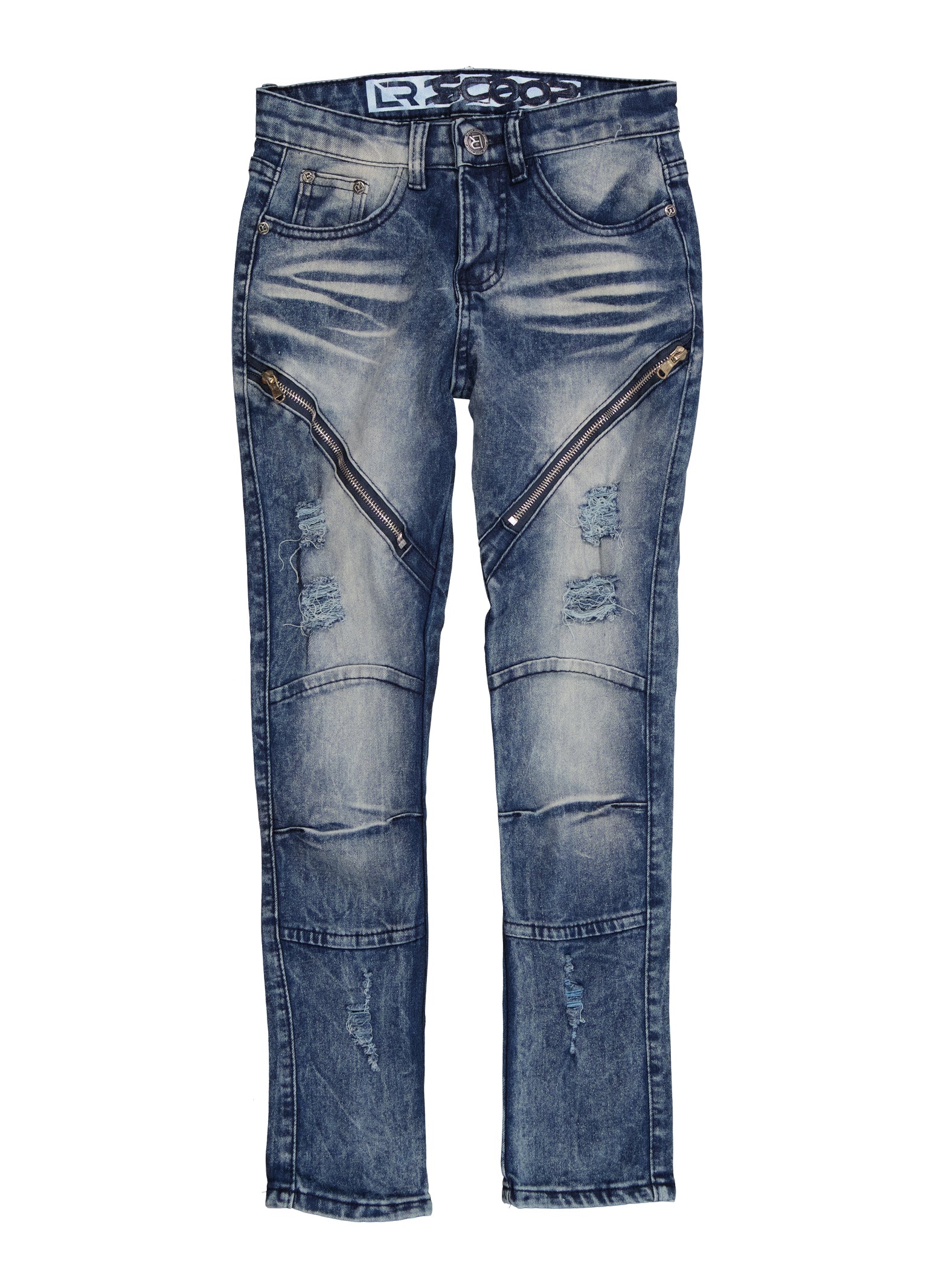 Boys Zip Detail Distressed Moto Jeans, Blue,