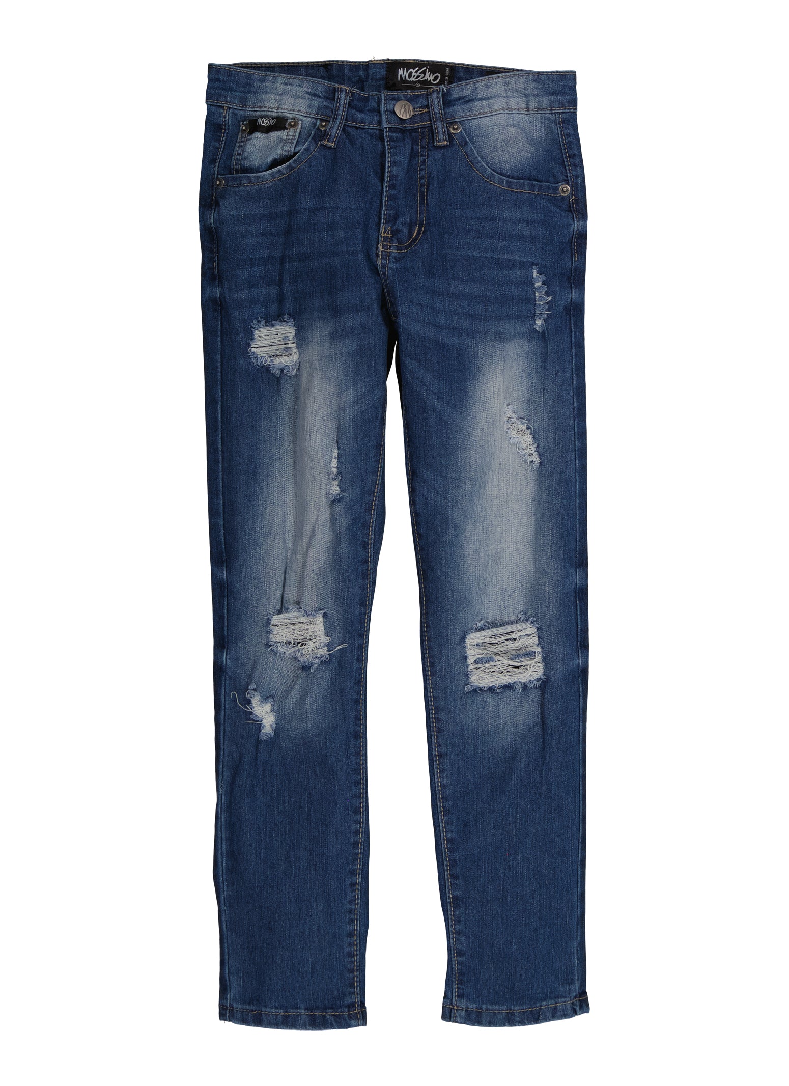 Boys Whiskered Patch and Repair Straight Leg Jeans, Blue,