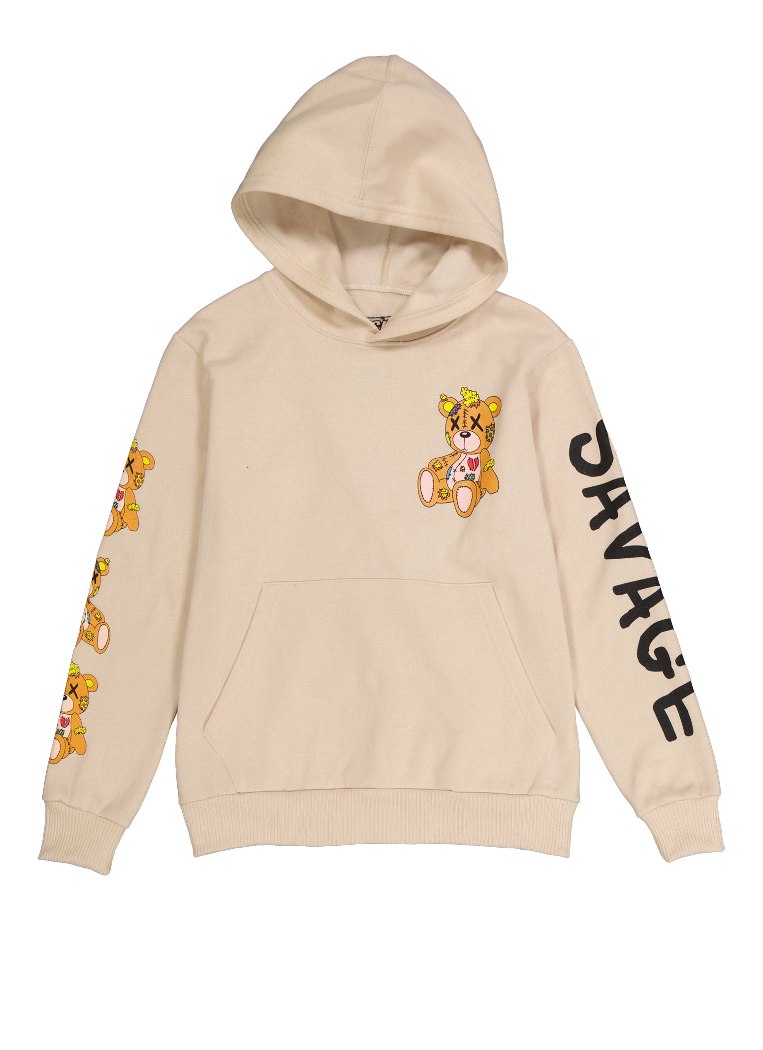 Boys Savage Bear Back Graphic Pullover Hoodie, Beige, Size M