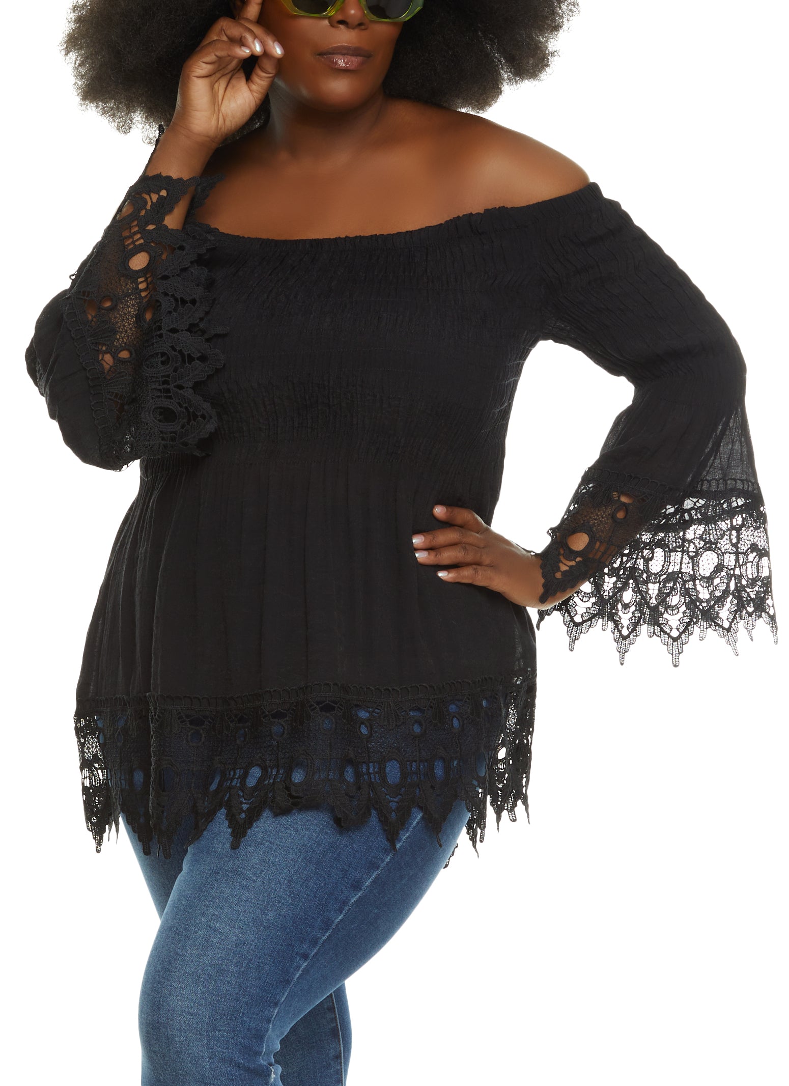 Womens Plus Off the Shoulder Bell Sleeve Smocked Top,