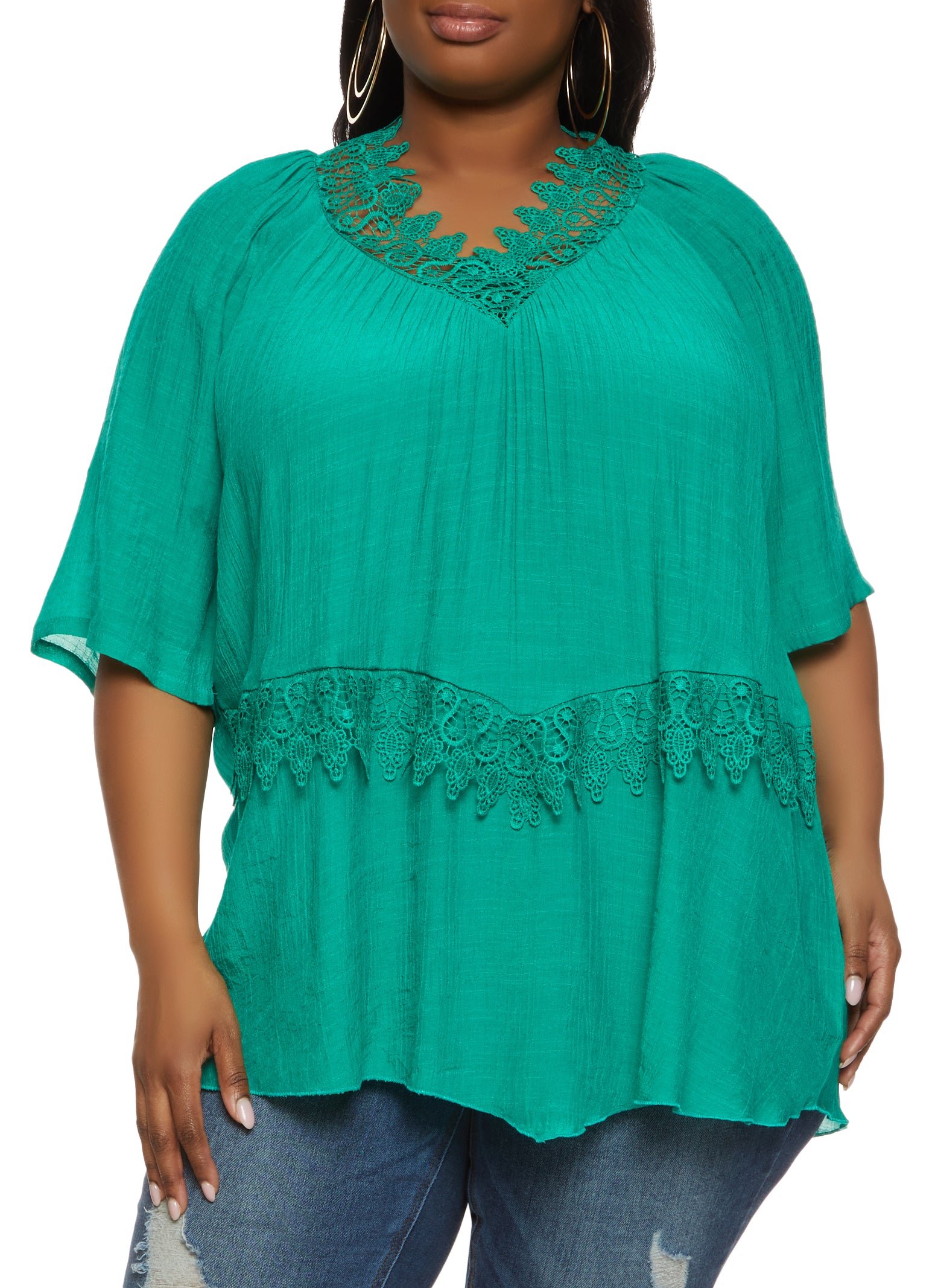 Womens Plus Size Gauze Knit Crochet Lace Trim Blouse, Green, Size 3X