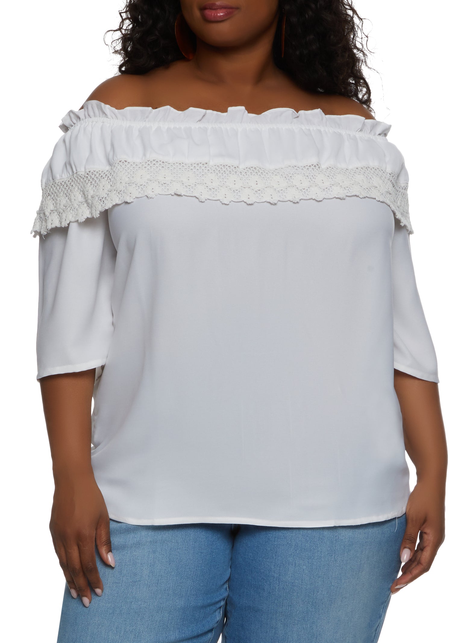 Womens Plus Crochet Detail Off the Shoulder Top, White,