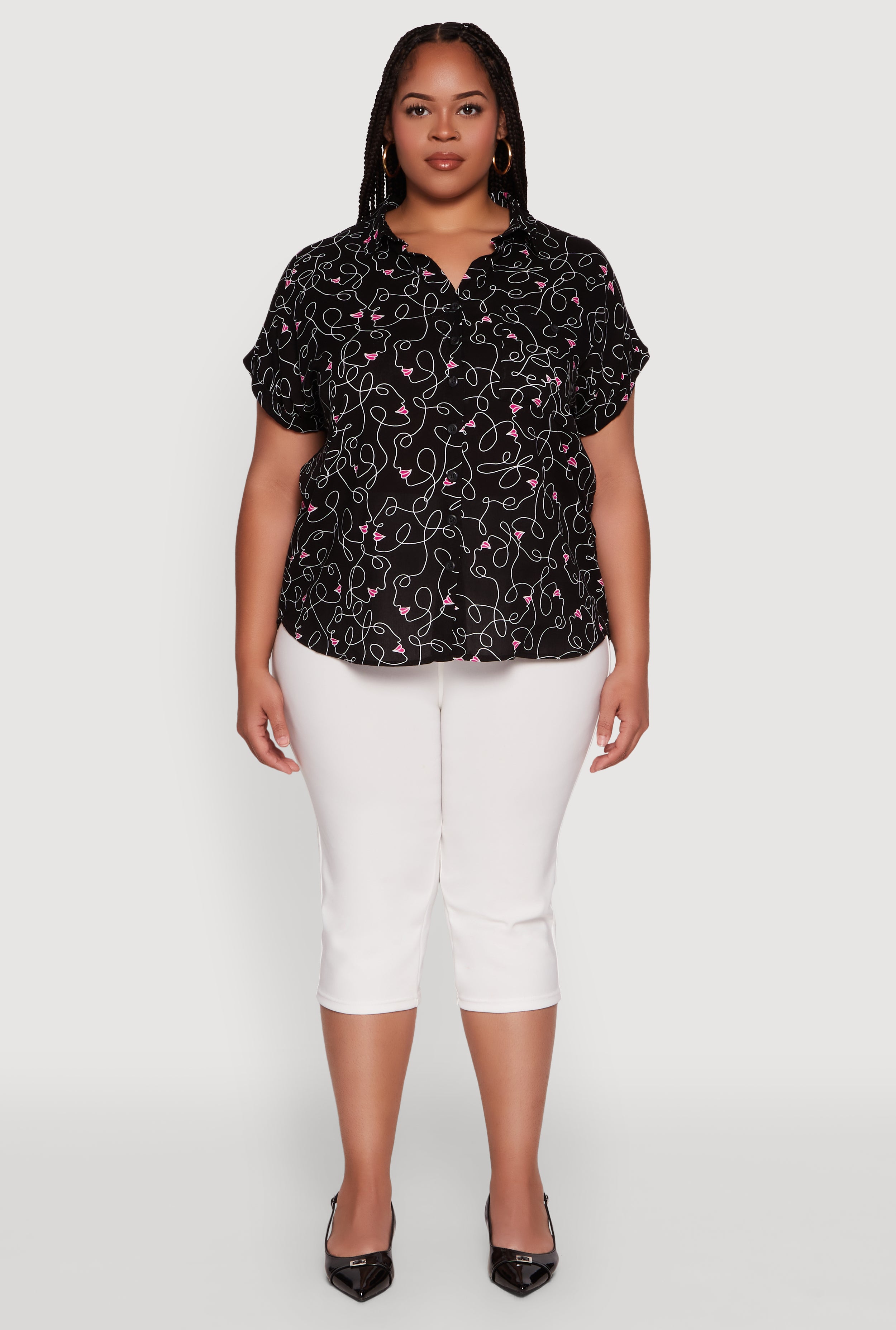 Womens Plus Size Swirl Face Print Button Front Shirt, Black, Size 1X