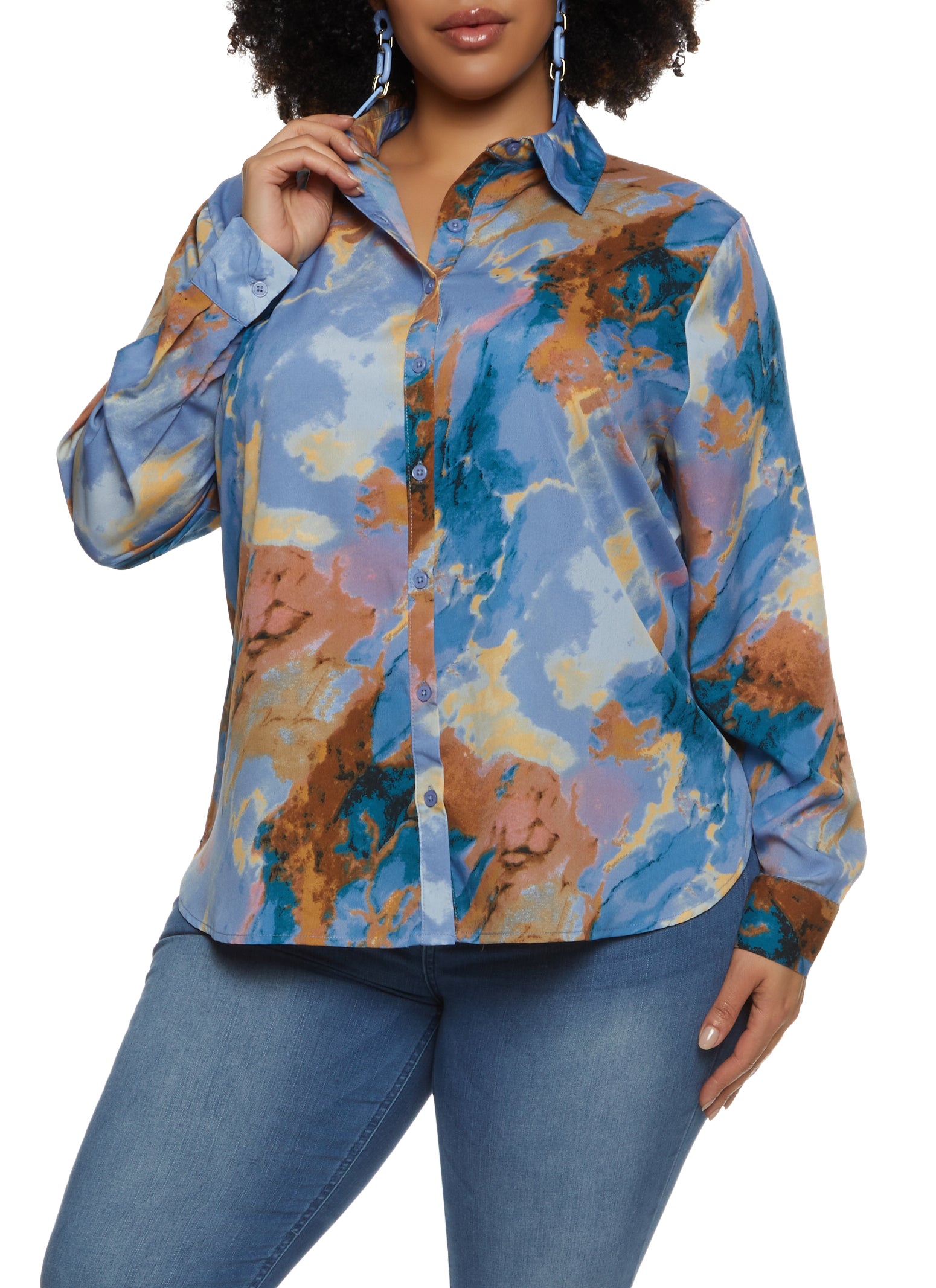 Womens Plus Size Tie Dye Button Down Shirt, Blue, Size 2X