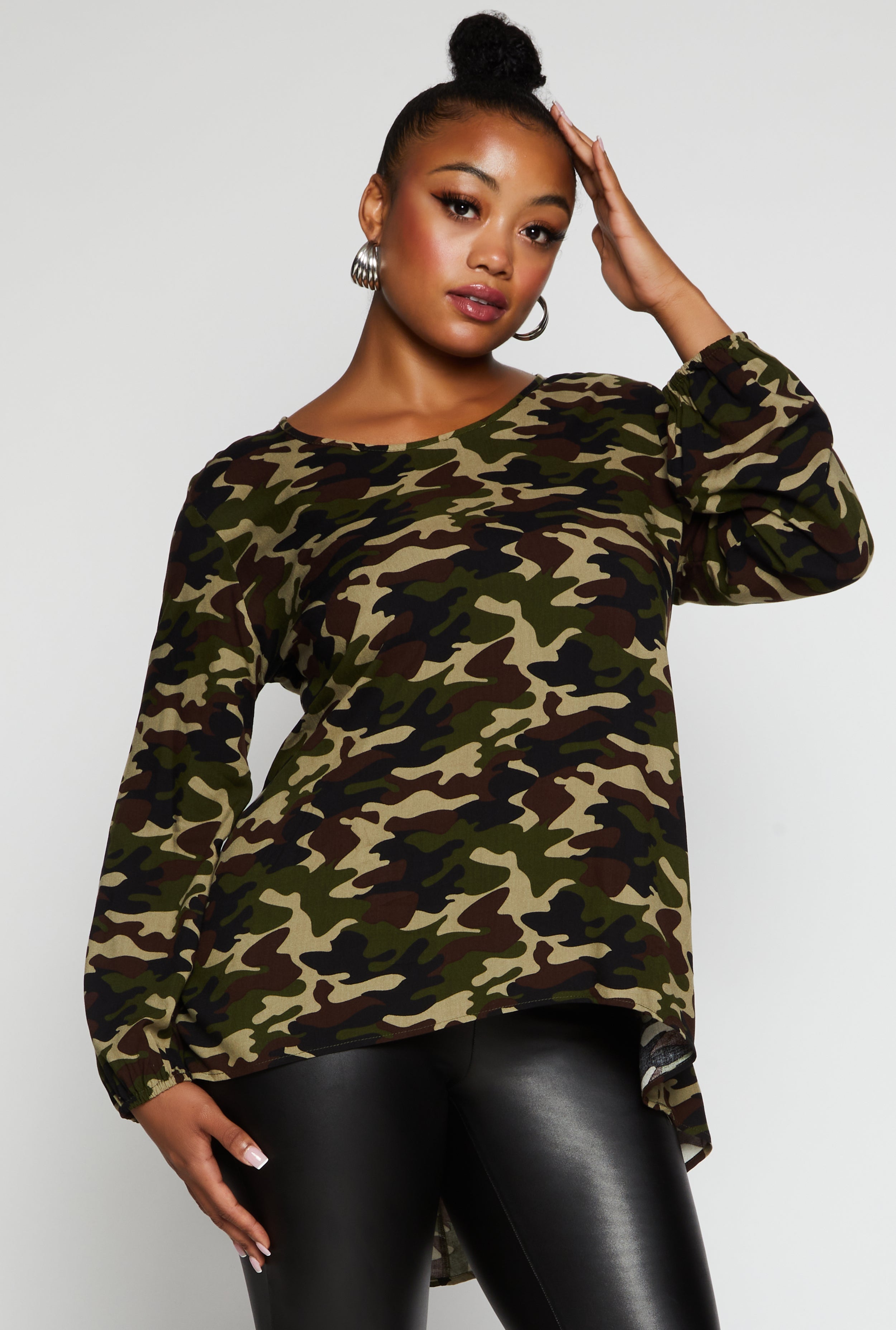 Womens Plus Camo Long Sleeve High Low Top, Green,