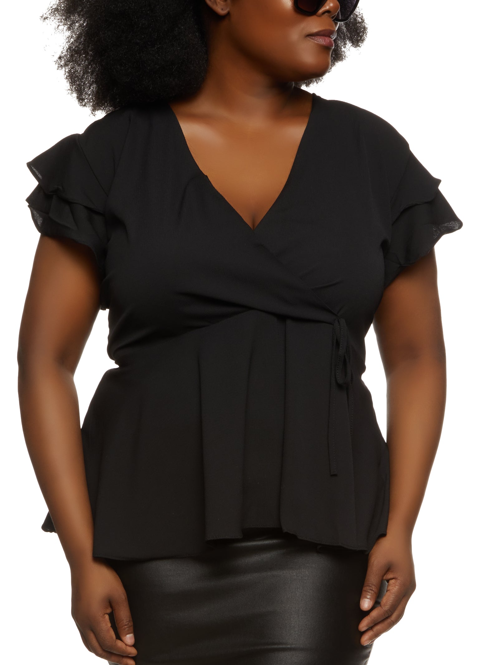 Womens Plus Crepe Knit Faux Wrap Blouse,