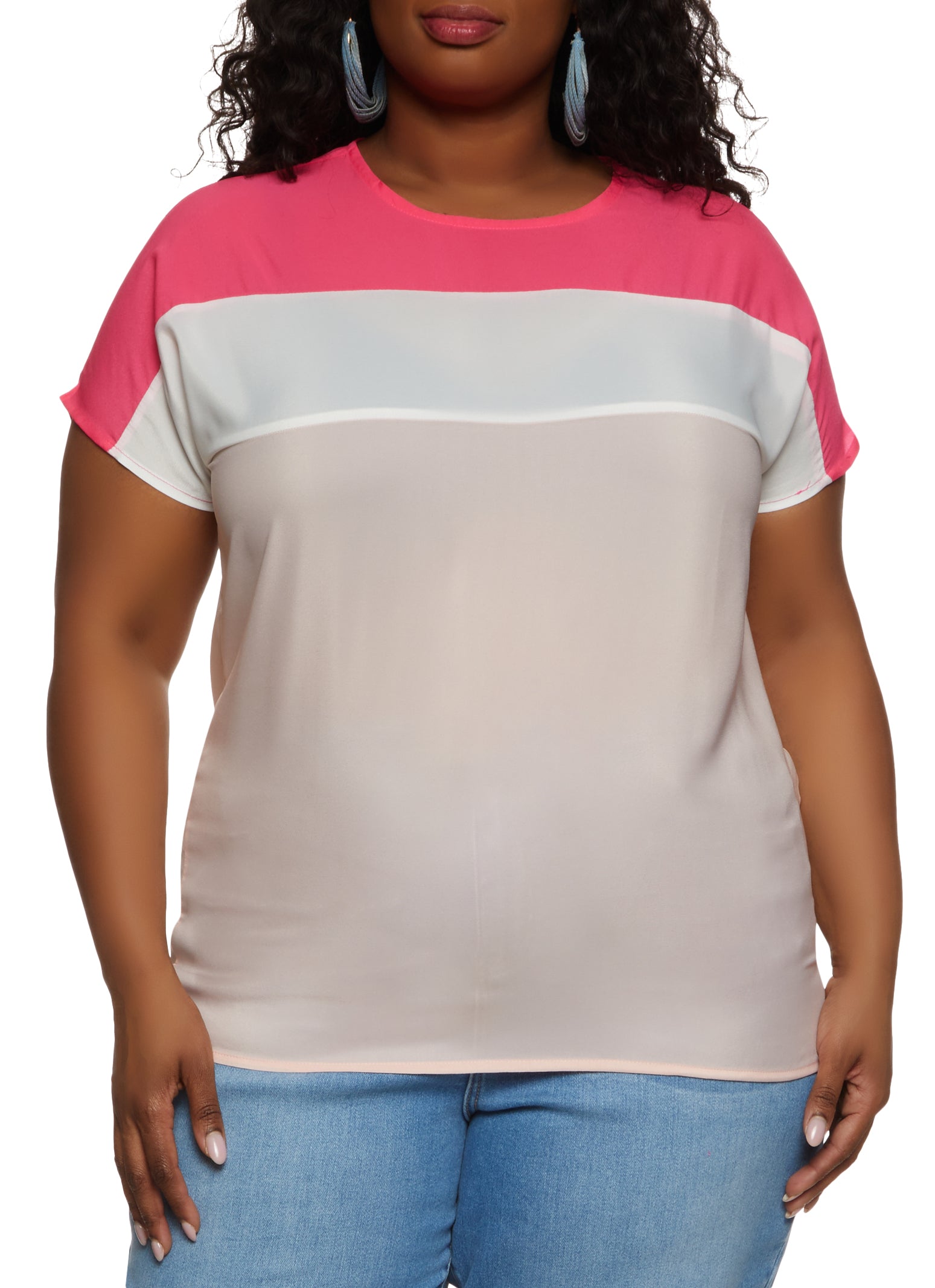 Womens Plus Size Color Block Short Sleeve Top, Pink, Size 1X