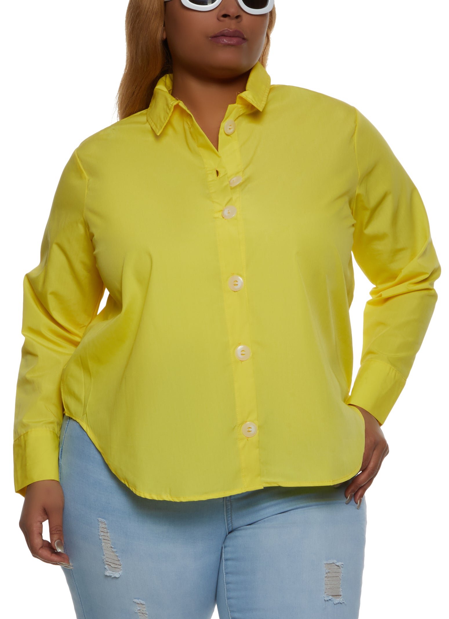 Womens Plus Size Long Sleeve Button Front Shirt, Yellow, Size 2X