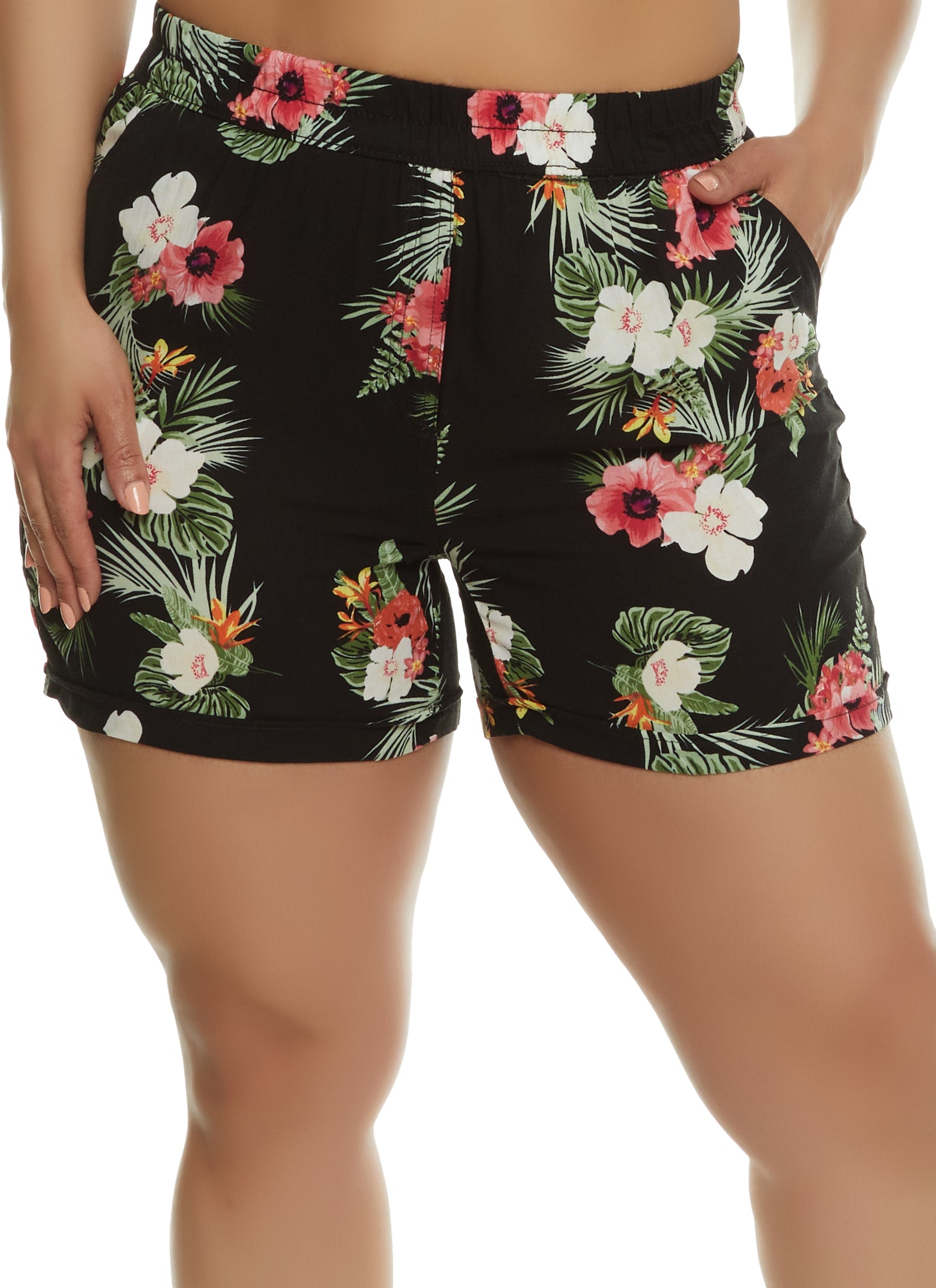 Womens Plus Size Tropical Floral Print High Waist Shorts, Black, Size 2X