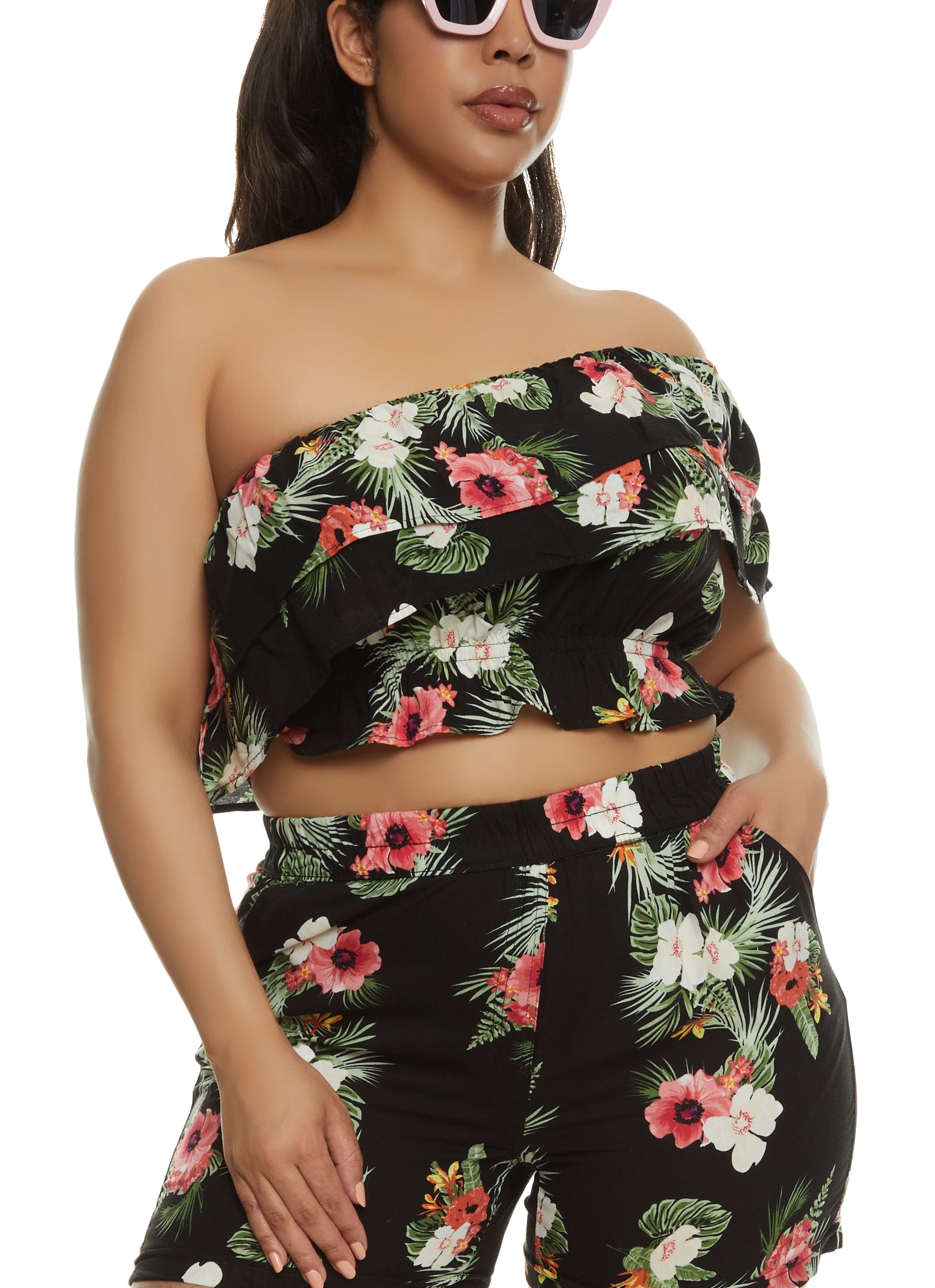 Womens Plus Size Tropical Floral Print One Shoulder Top, Black, Size 2X